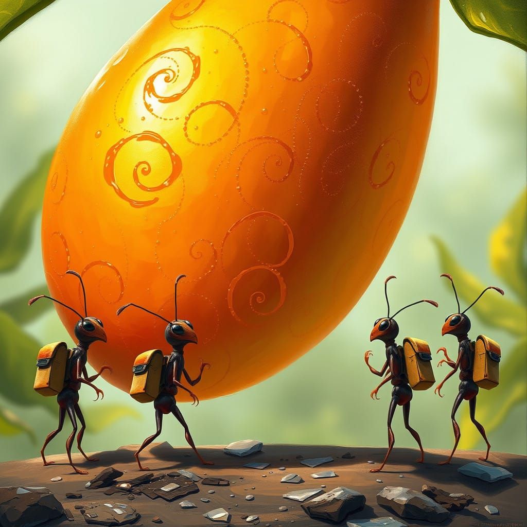 Whimsical Ants Debate Best Fruit Retrieval Method