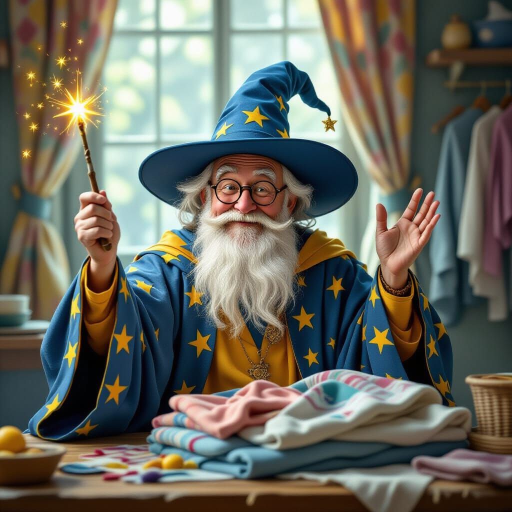 Whimsical Wizard Folds Laundry with Magic Wand