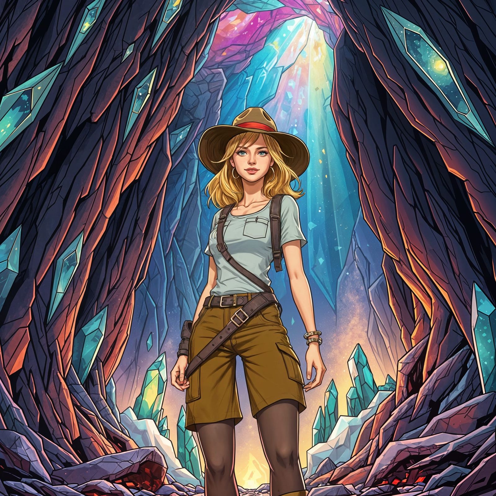 Confident Cave Explorer in Vibrant, Dreamlike Environment