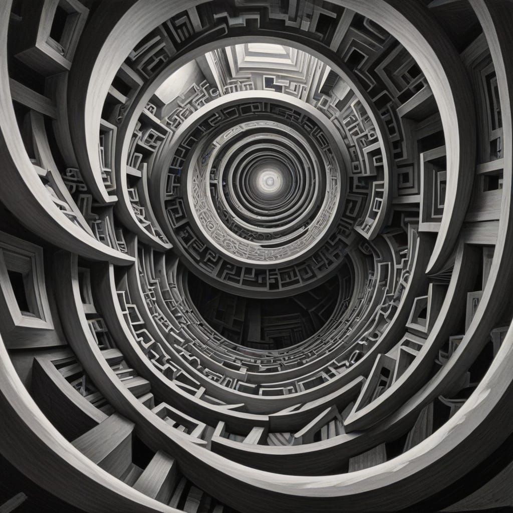 Distorted Room with Infinite Spirals in Charcoal Style