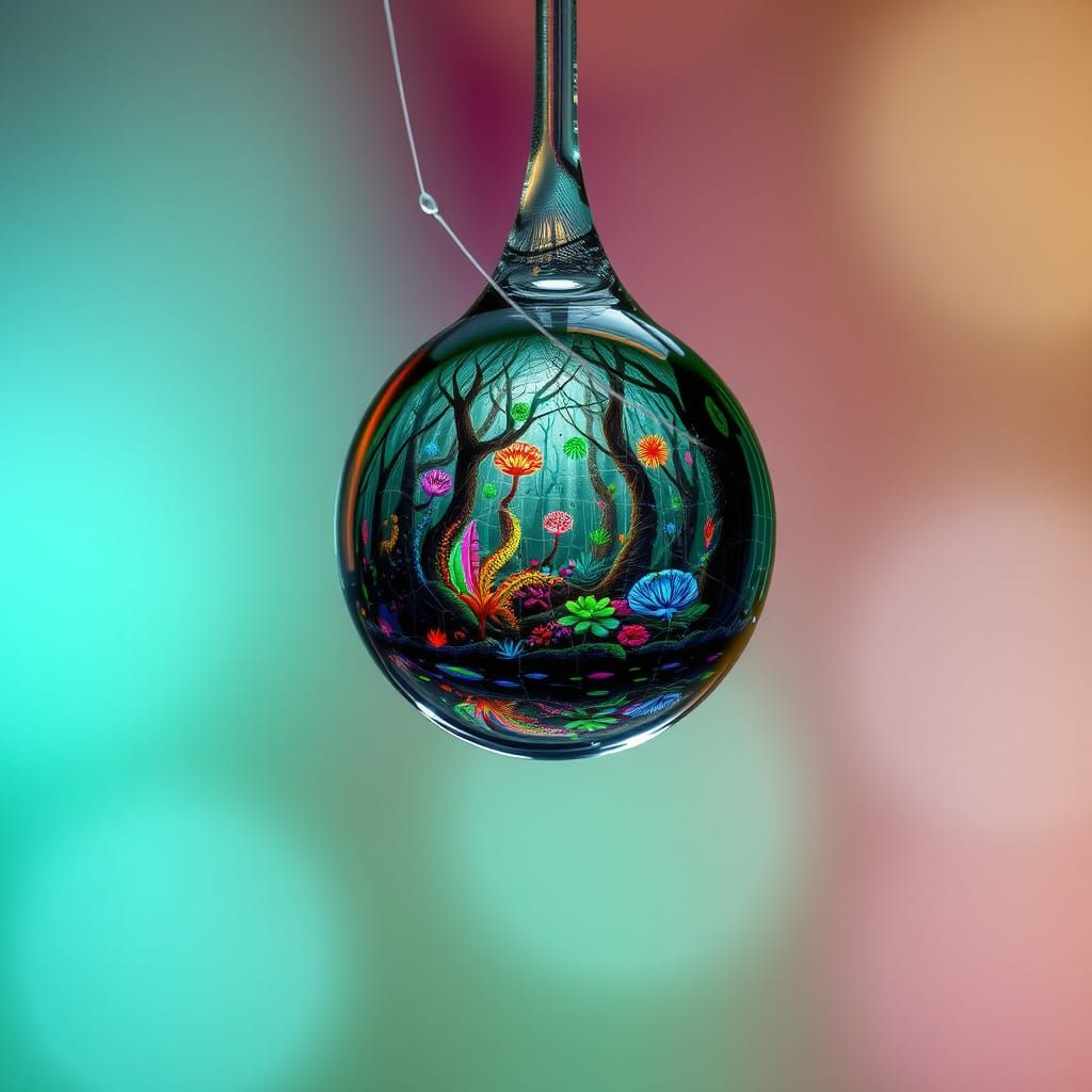 Dewdrop Reflecting Psychedelic Forest in Macro Style