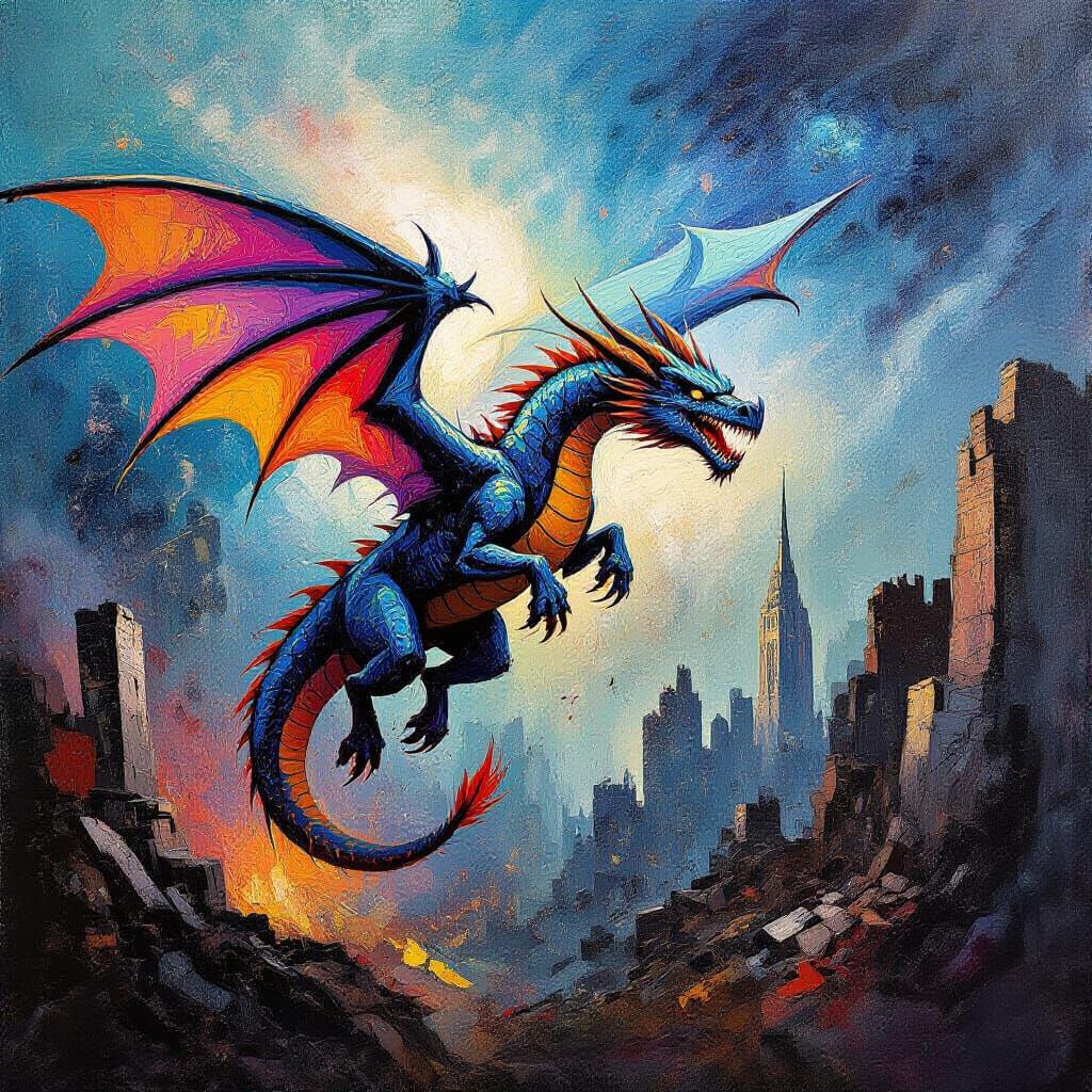 Spectral Dragon in Sky-City Ruins Abstract Expressionist Pai...