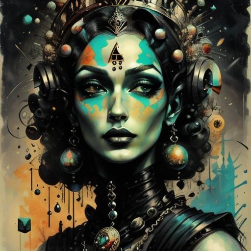 Geometric Necropunk Queen in Psychedelic Alchemy Style