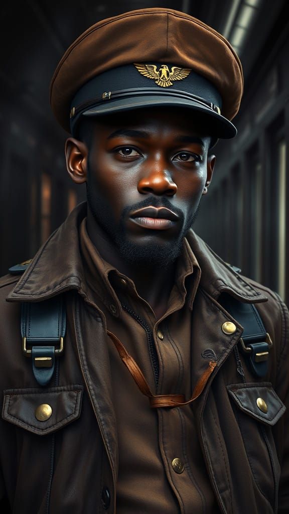 Grungy Diesel-Punk Train Conductor in Gothic Fantasy Landsca...