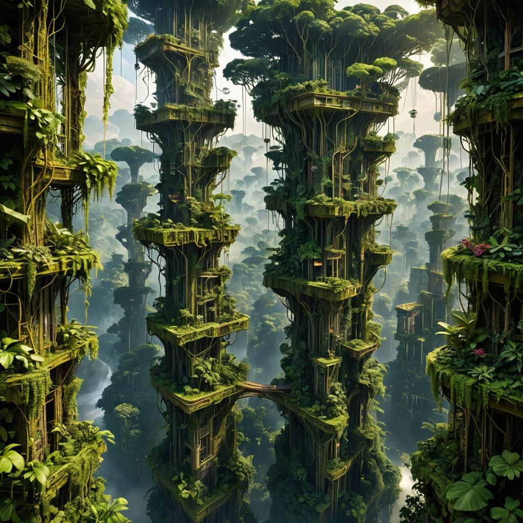 futuristic city over the Amazon jungle