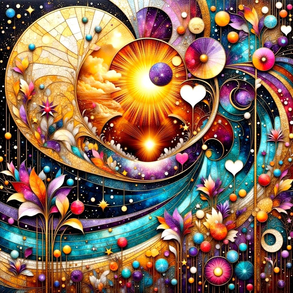 Golden Geometric Art with Whimsical Floral Patterns