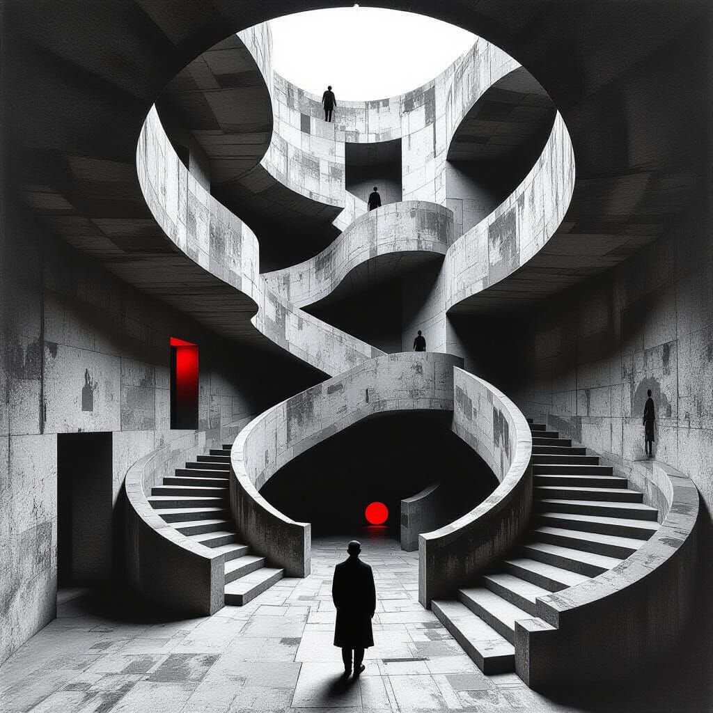 Surrealist Labyrinth of Stairwells in Black and White