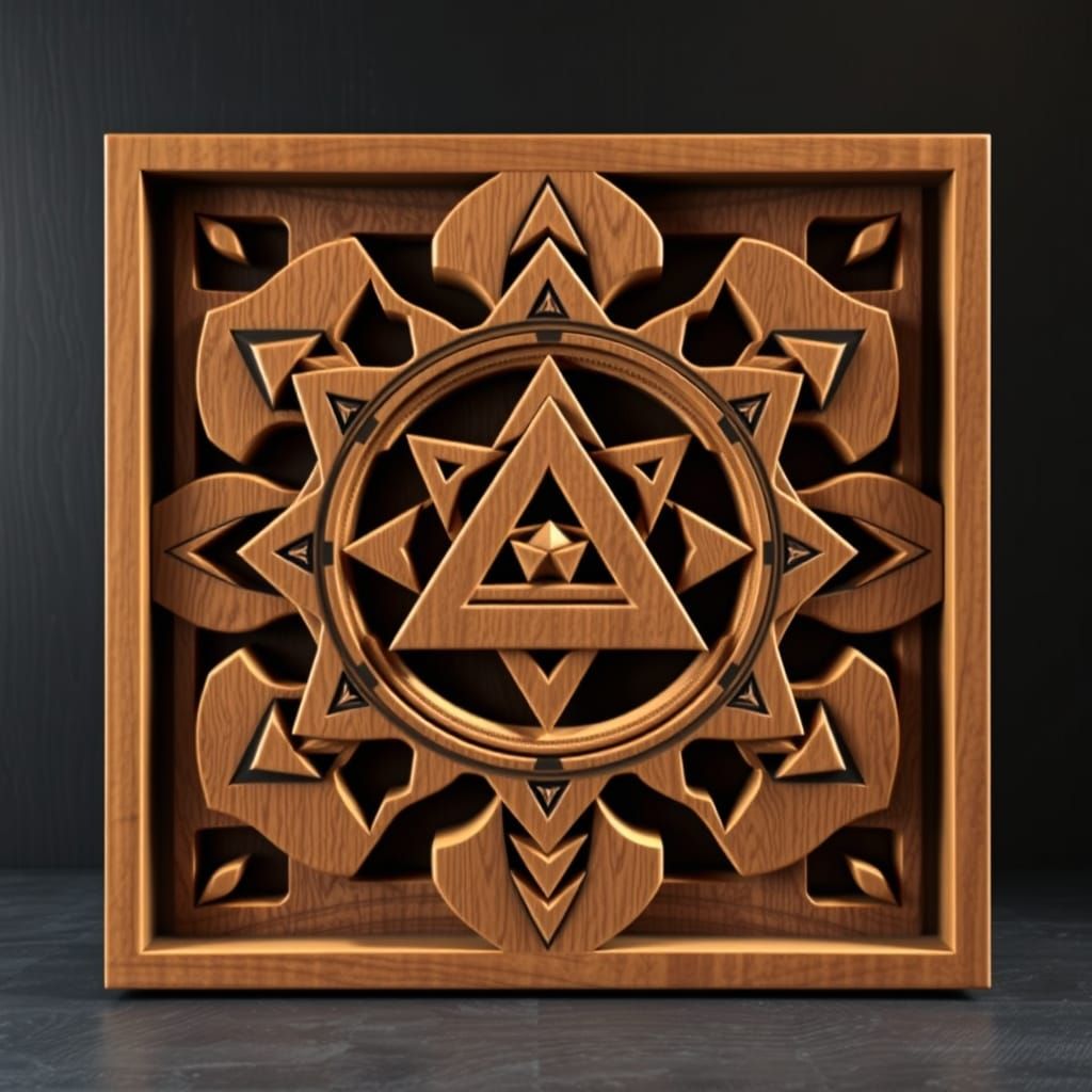 Symmetrical Geometric Sculpture in Dark Monochromatic Style