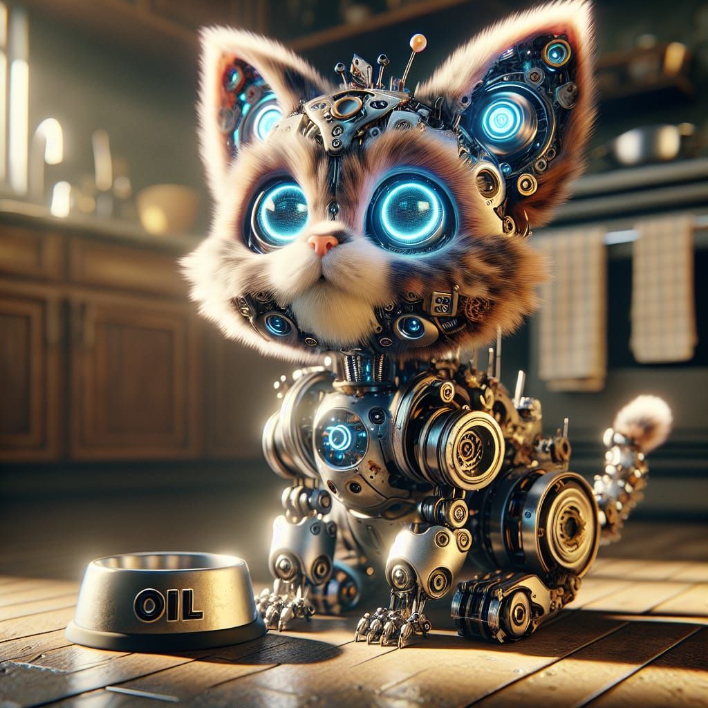 Imagine an adorable robotic cyborg cat with big fluffy ears and large blue glowing eyes sitting on a sunlit kitchen floo...