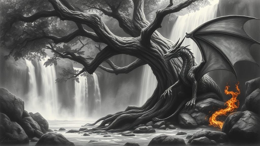 Dragon Near Ancient Tree: Charcoal Fantasy Art