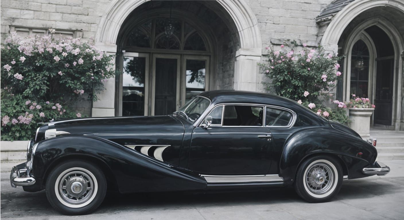 Retro Black Coupe in English Garden at Night
