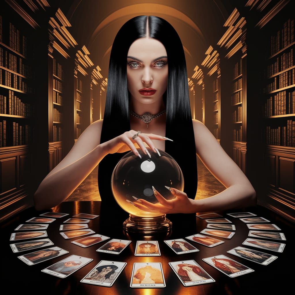 Glamorous Woman with Crystal Ball in Library