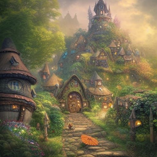 Fantasy Gnome Steampunk Village, Colorful Illustration