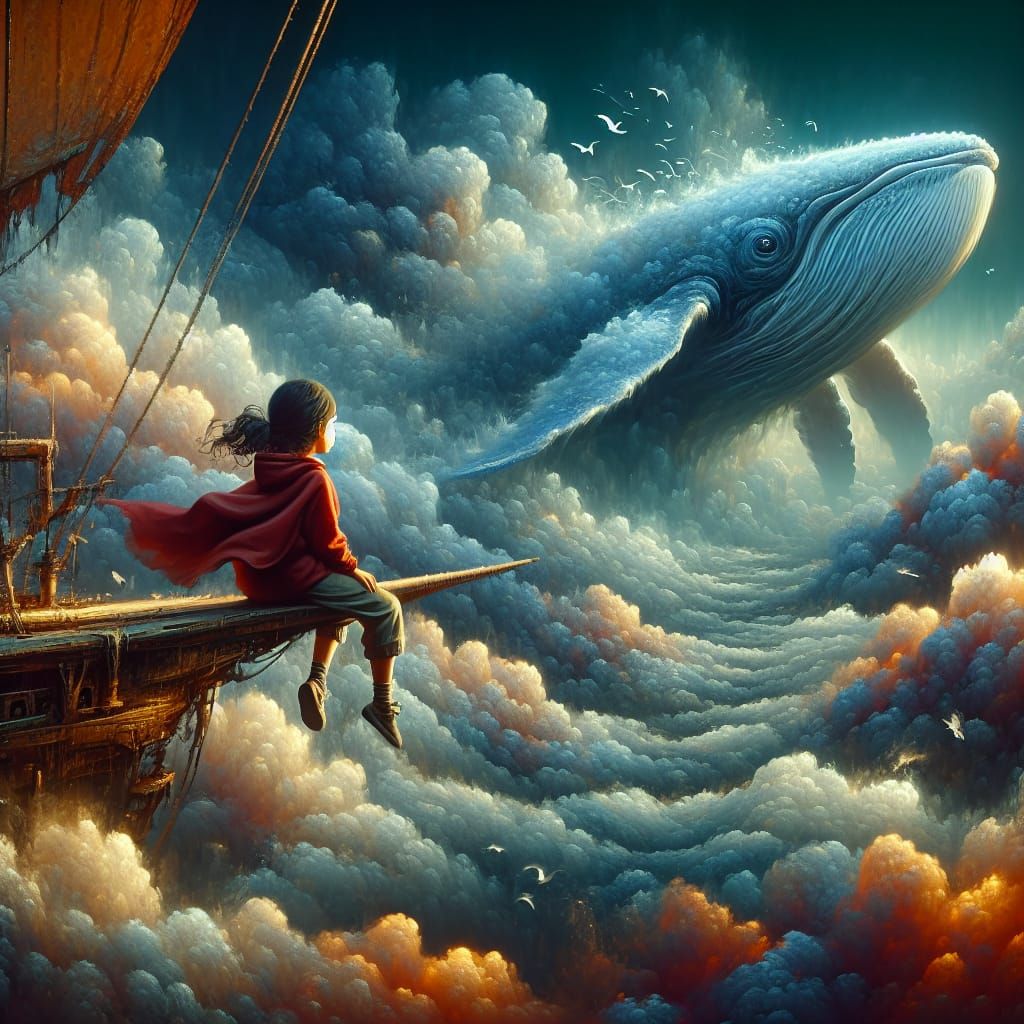 Girl sitting on the prow of a flying sailing vessel in front...