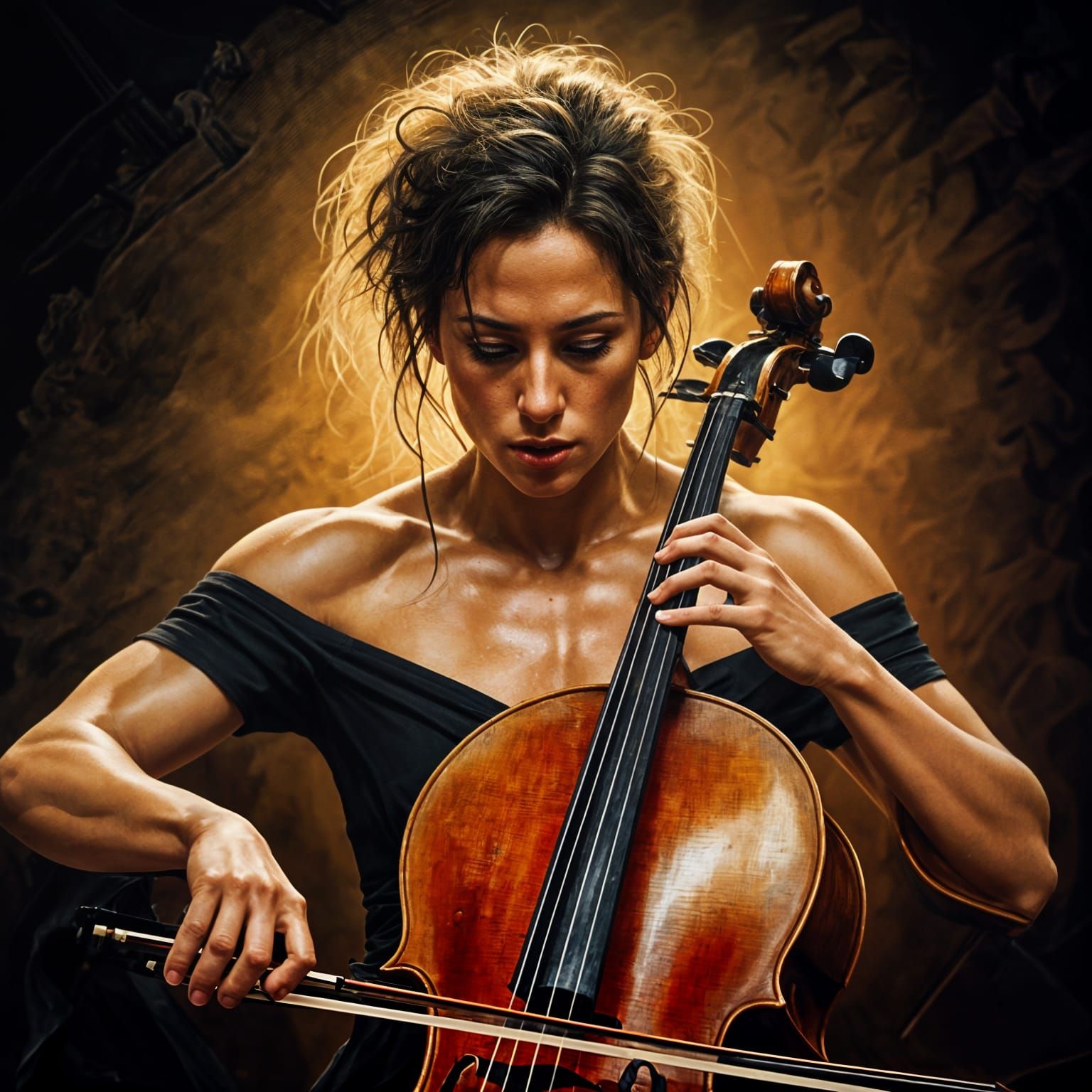 Beautiful Cello Soloist in a Dramatic Impressionist Oil Pain...