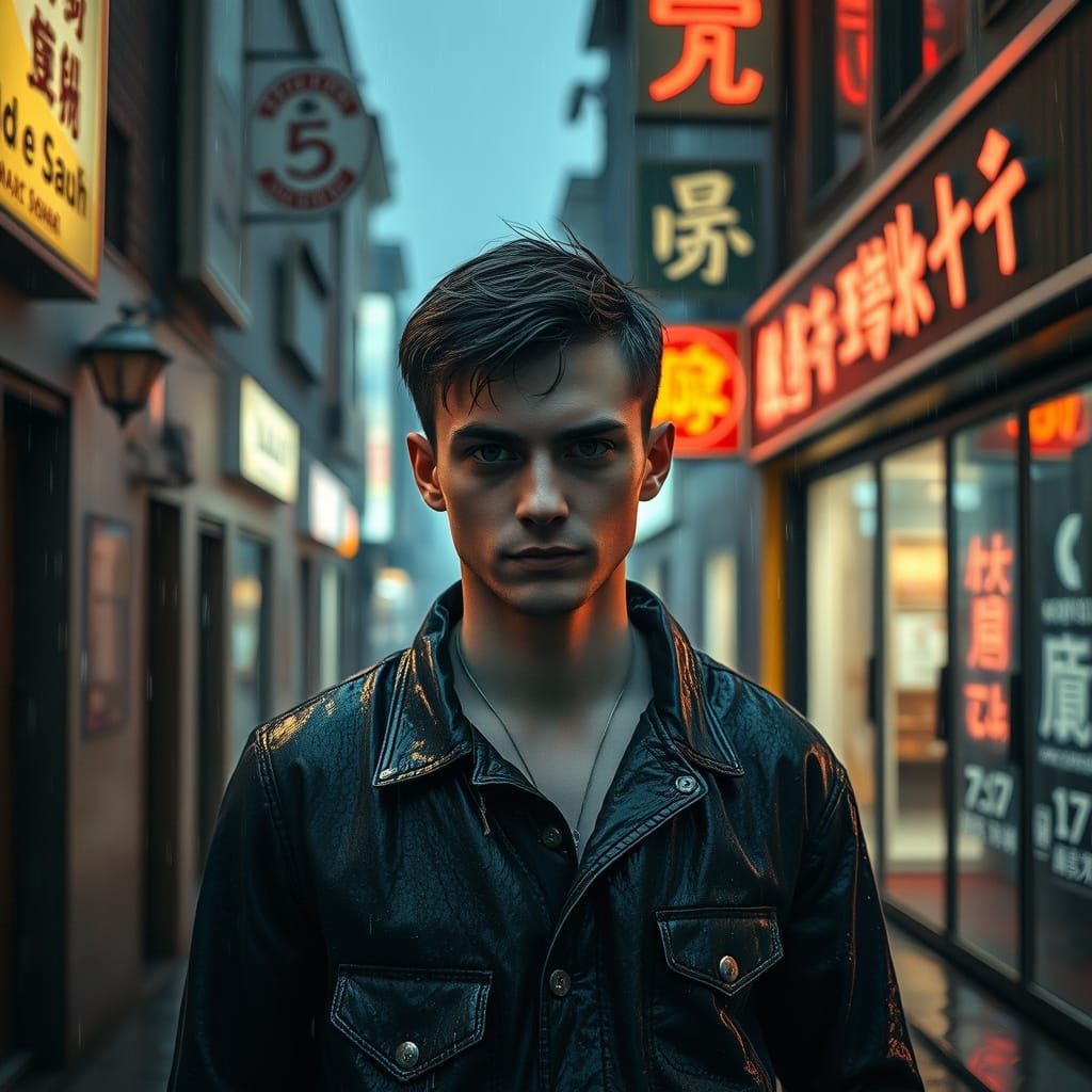 Rain-Soaked Stranger in Neon Alley