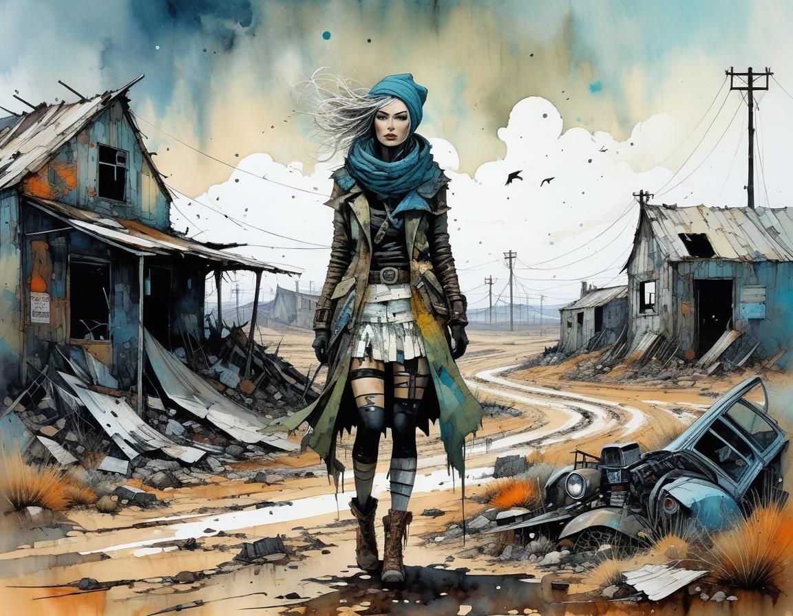 Wasteland Woman in Apocalyptic Cubist Scene