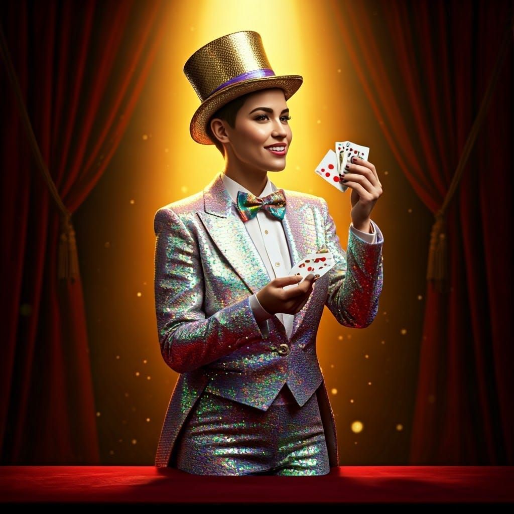 Enchanting Stage Magician in Iridescent Tuxedo