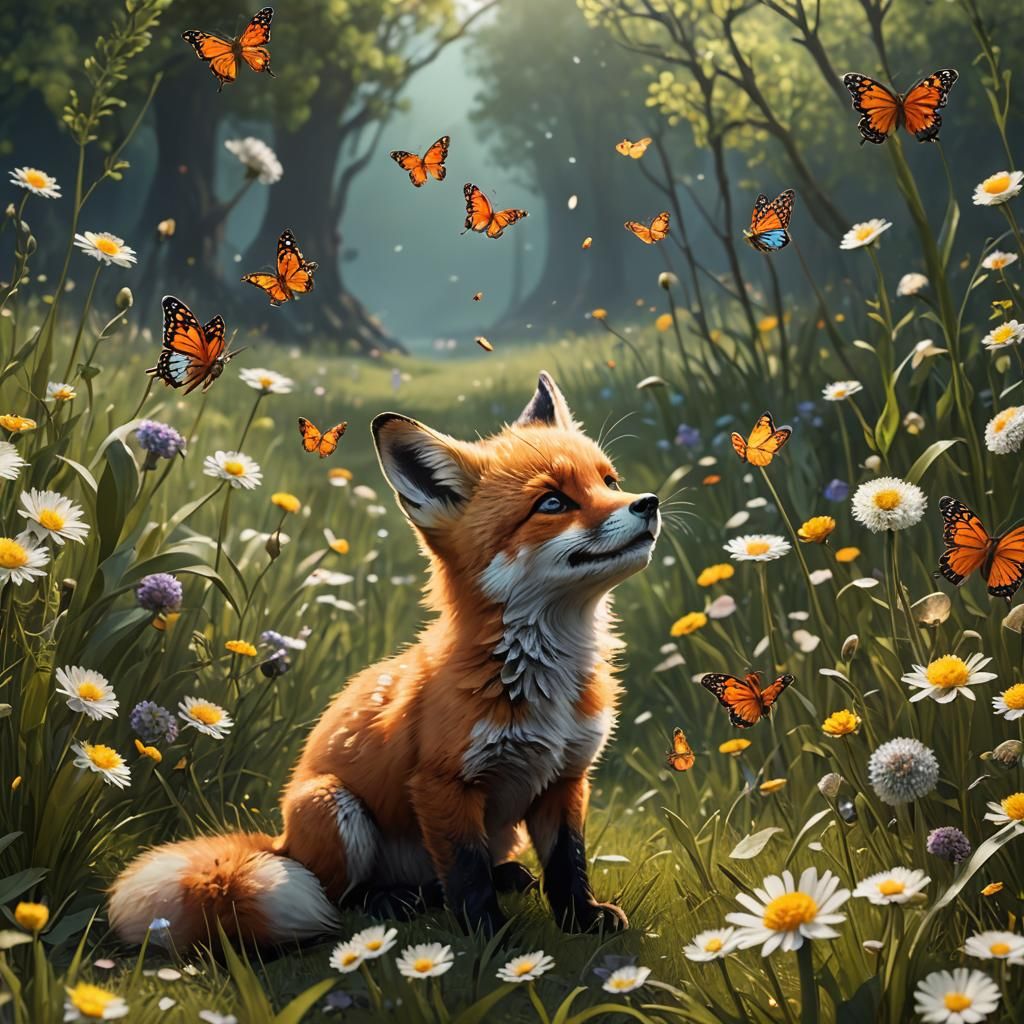 Fox Cub's Delight: Butterfly Dance in Dandelions