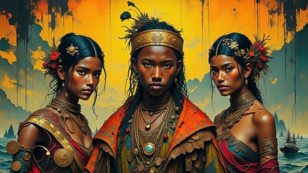 Polynesian Sailors in South Seas: Fantastical Realism Portra...