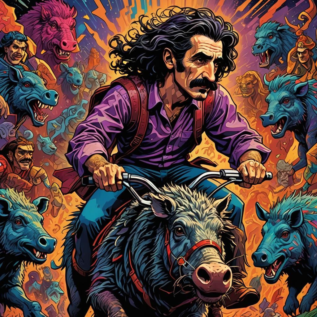 Frank Zappa Rides a Peccary in Comic Style