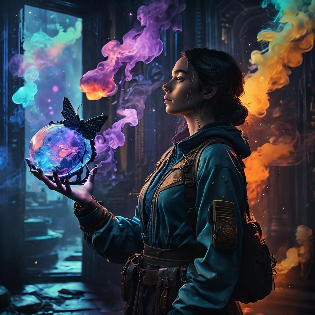 Adventurer with Iridescent Scarab in Neon Splatter Art