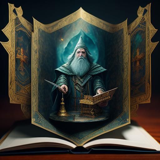 Wizard in Pop-Up Book: Hyperrealistic 64MP Image