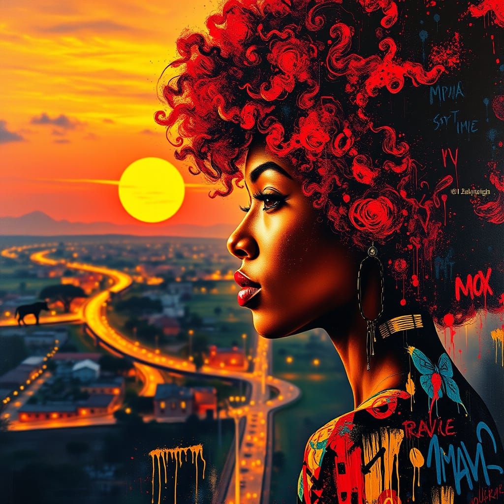 Vibrant Afro Goddess Amidst Dazzling Cityscape