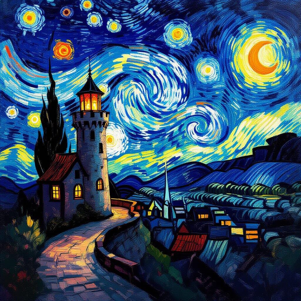 Tower on Cliff Under Starry Sky (Post-Impressionism)