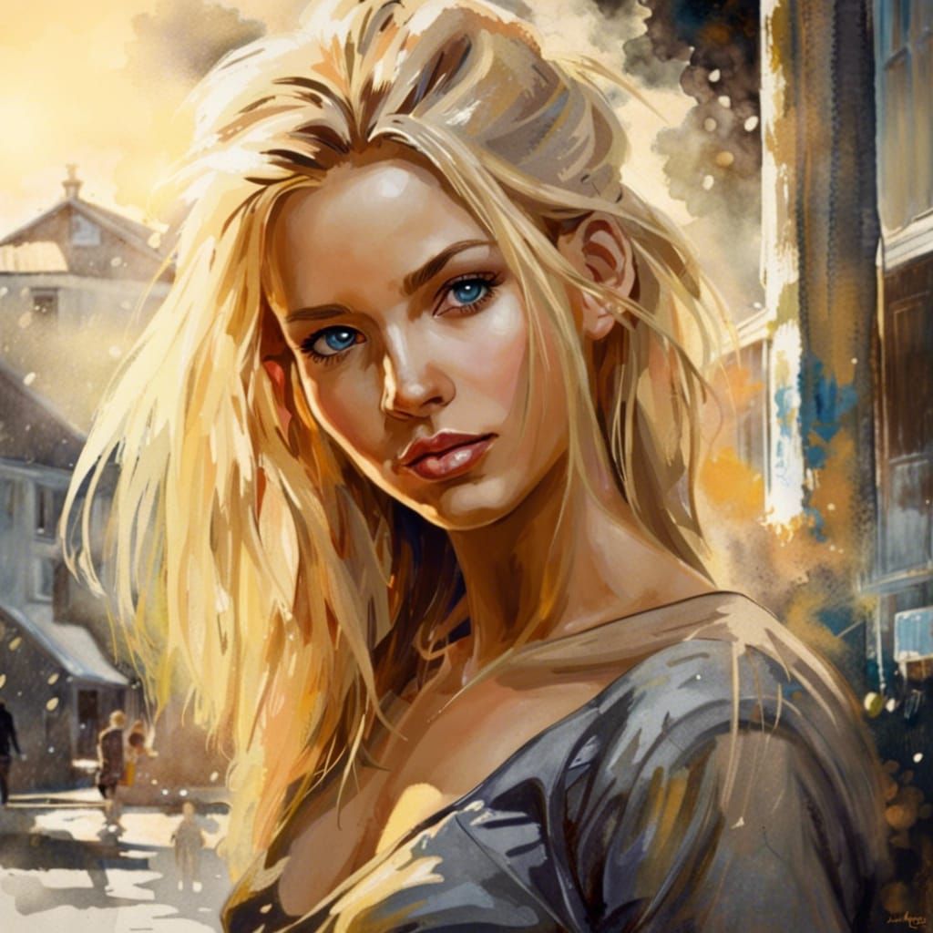 Portrait of a Beautiful Blond Girl in Splash Art Style