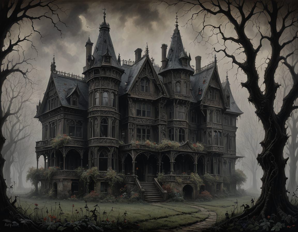 Eerie Gothic Manor in Heavy Fog