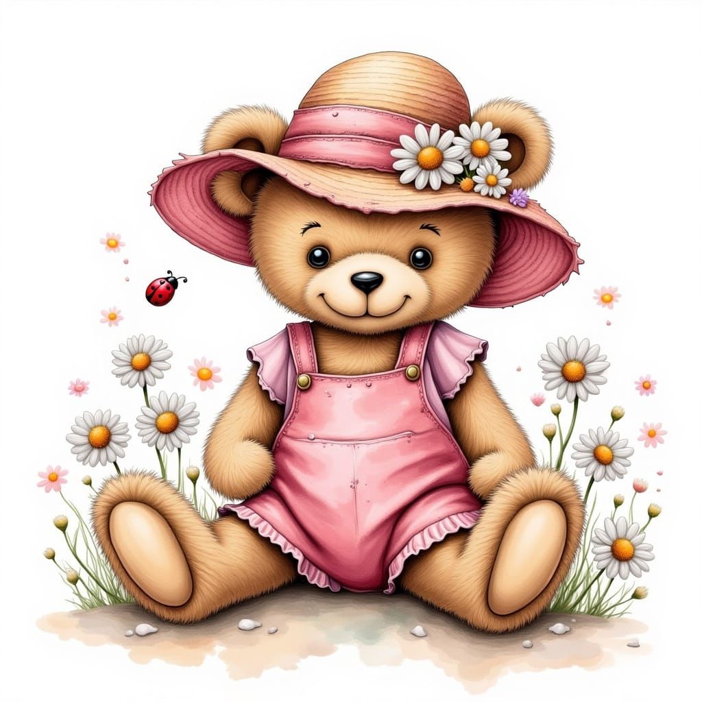 Tattered Teddy Bear in Daisy Hat Watercolor Sketch