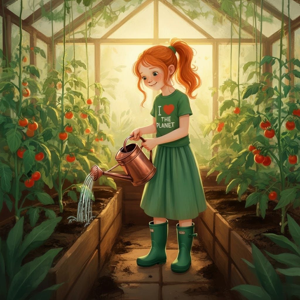 Whimsical Girl Tending Tomatoes in Vibrant Greenhouse