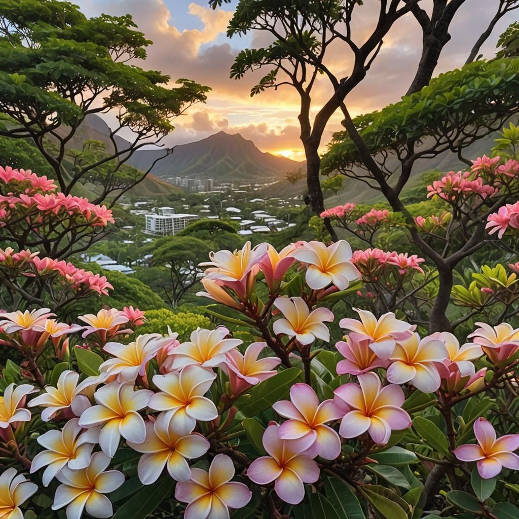 Blooming Plumeria Tree at Sunrise with Diamond Head