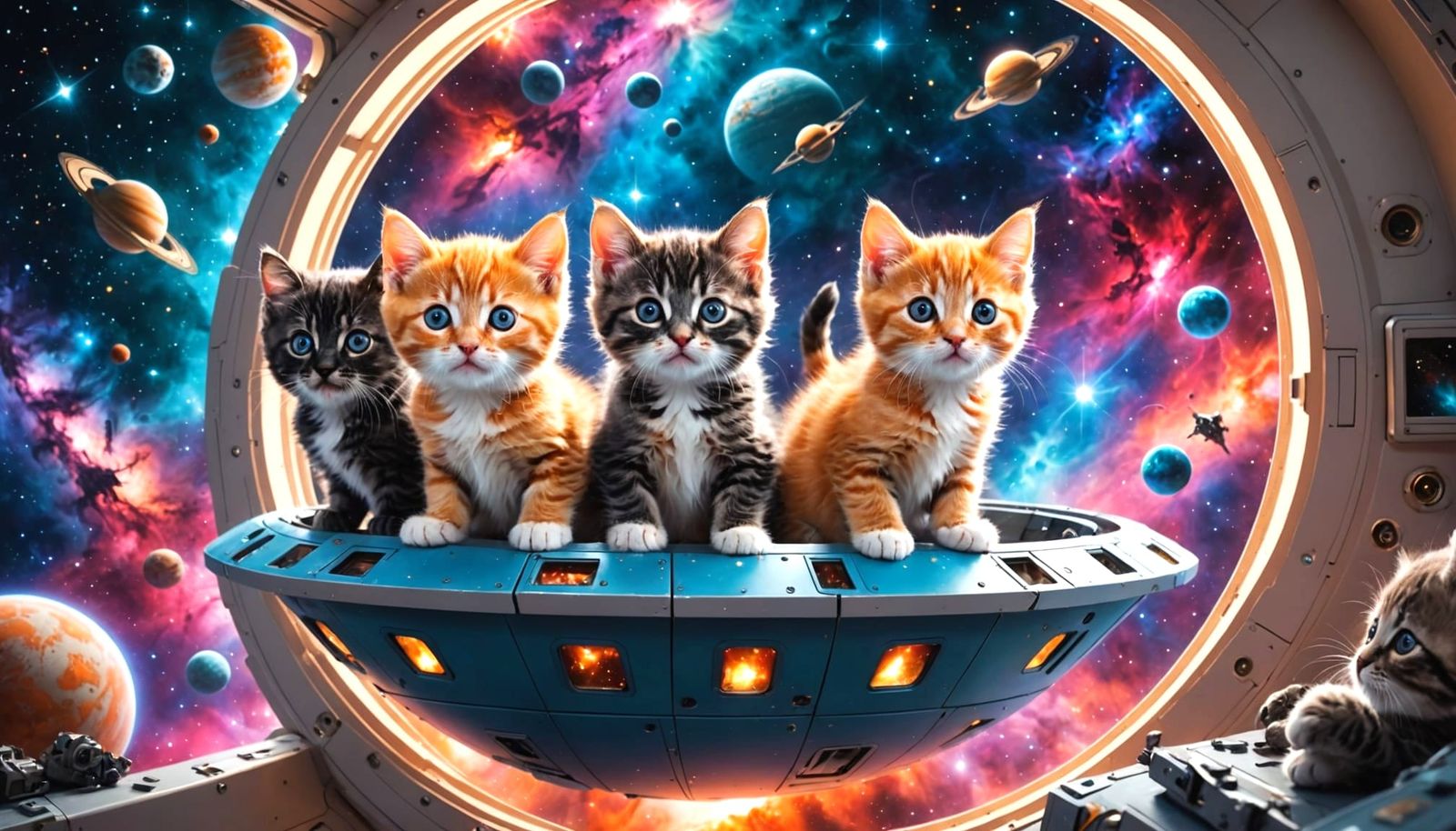 Cute Kittens Explore Vibrant Nebula in Space