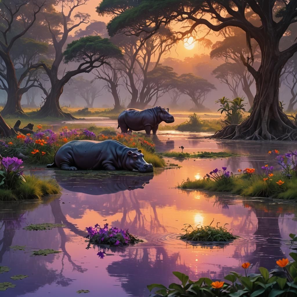 Hippo in Serengeti River at Dawn in 3D Matte Painting