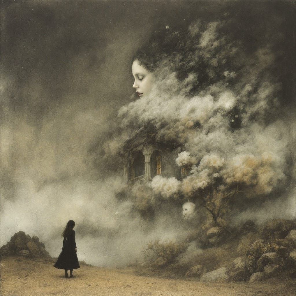 Ethereal Girl in a Fading House, a Surreal Landscape in a Dr...