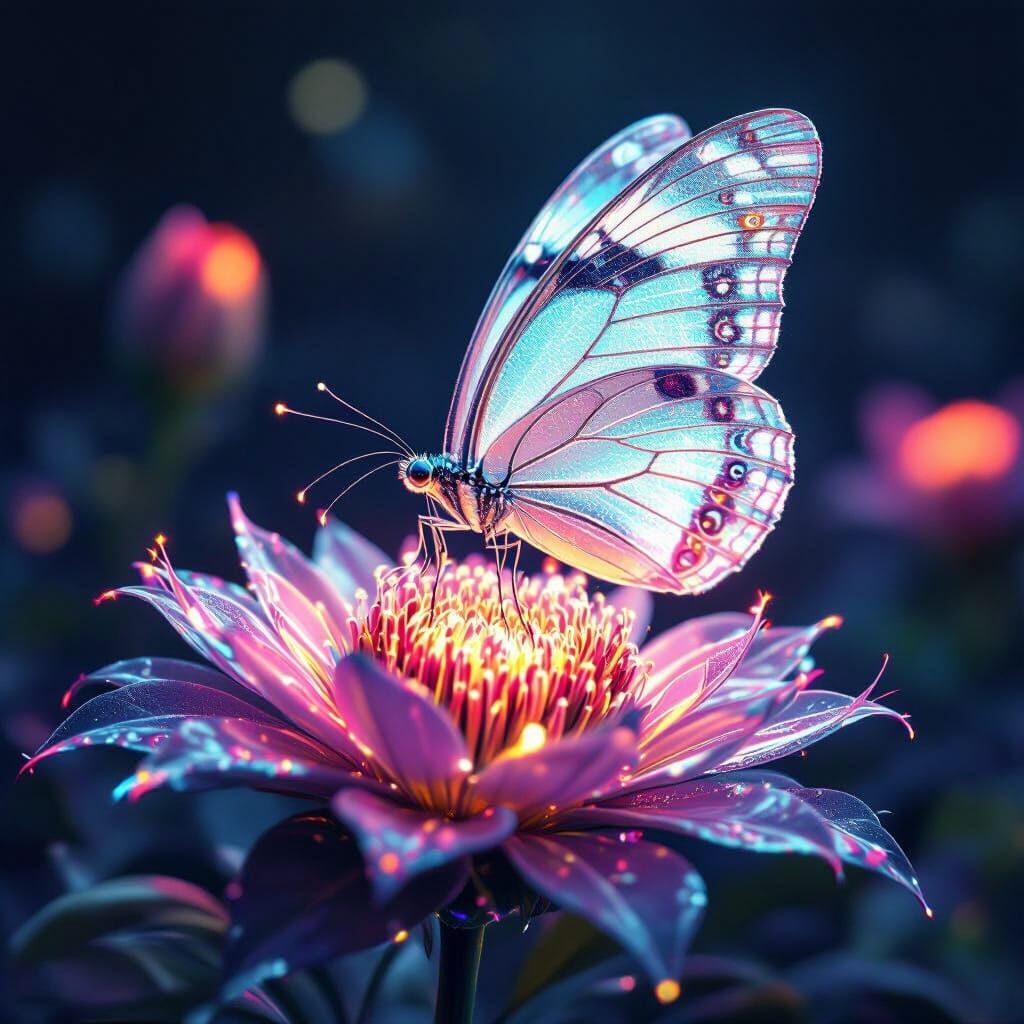 Bioluminescent Butterfly on Neon Flower, in 3D Style