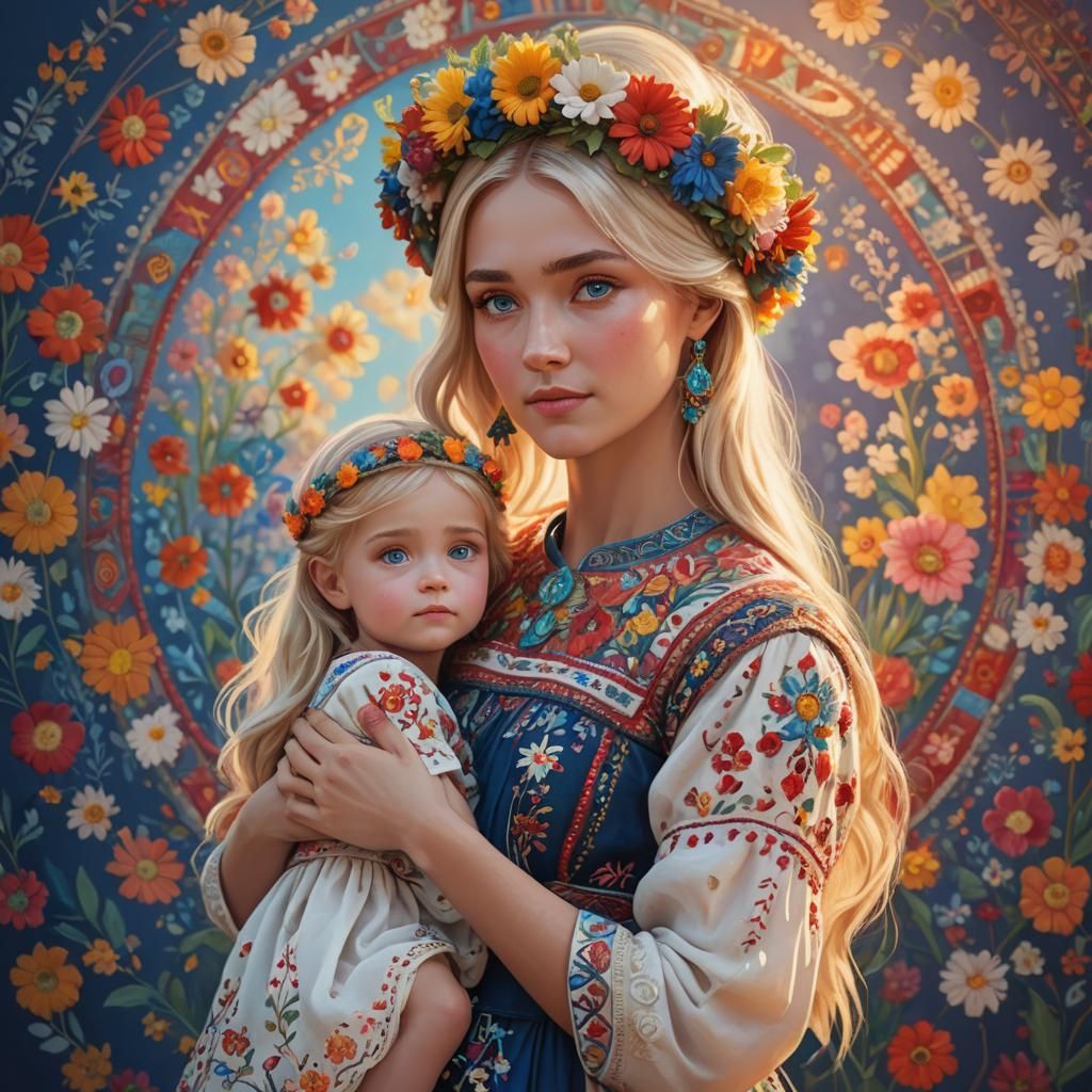 Ukrainian Girl with Child, Pixar-Inspired Concept Art