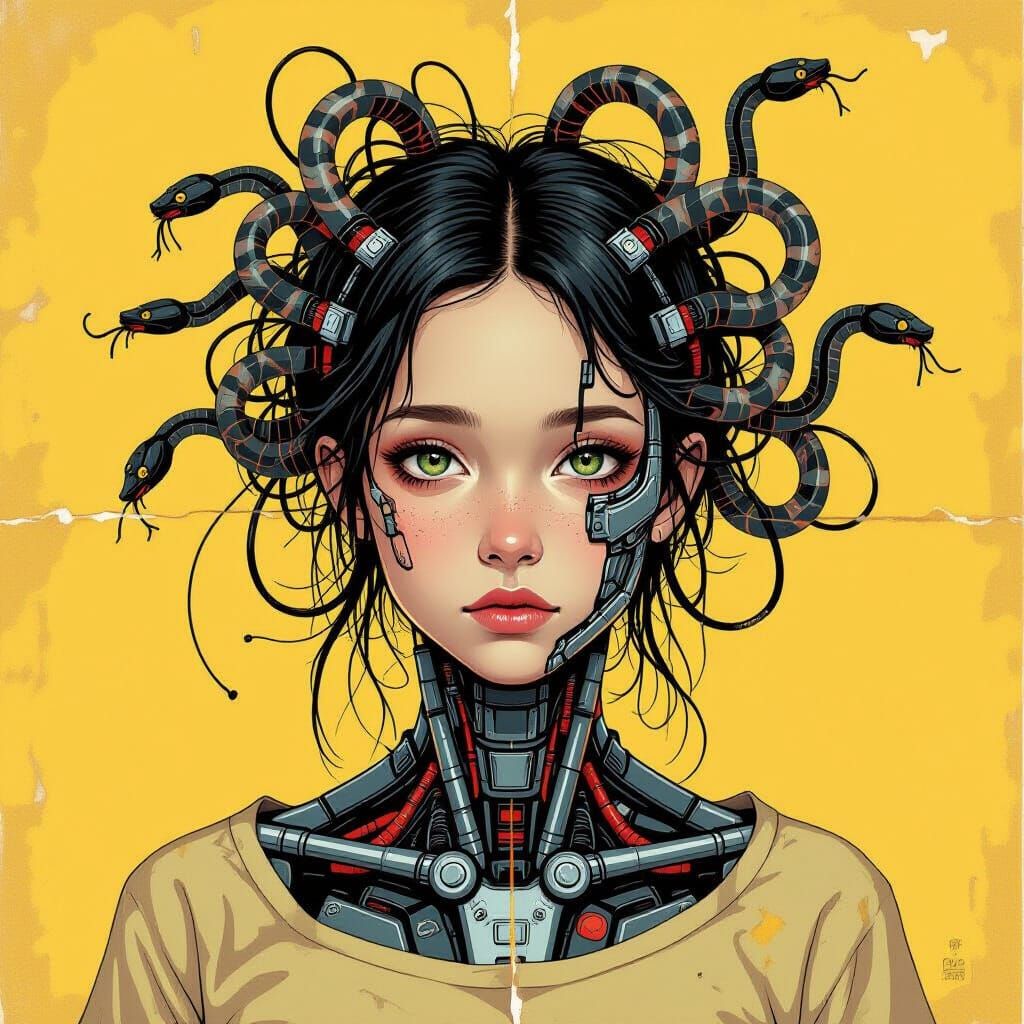 Cyborg Girl Portrait with Wire Hair, Painterly Style