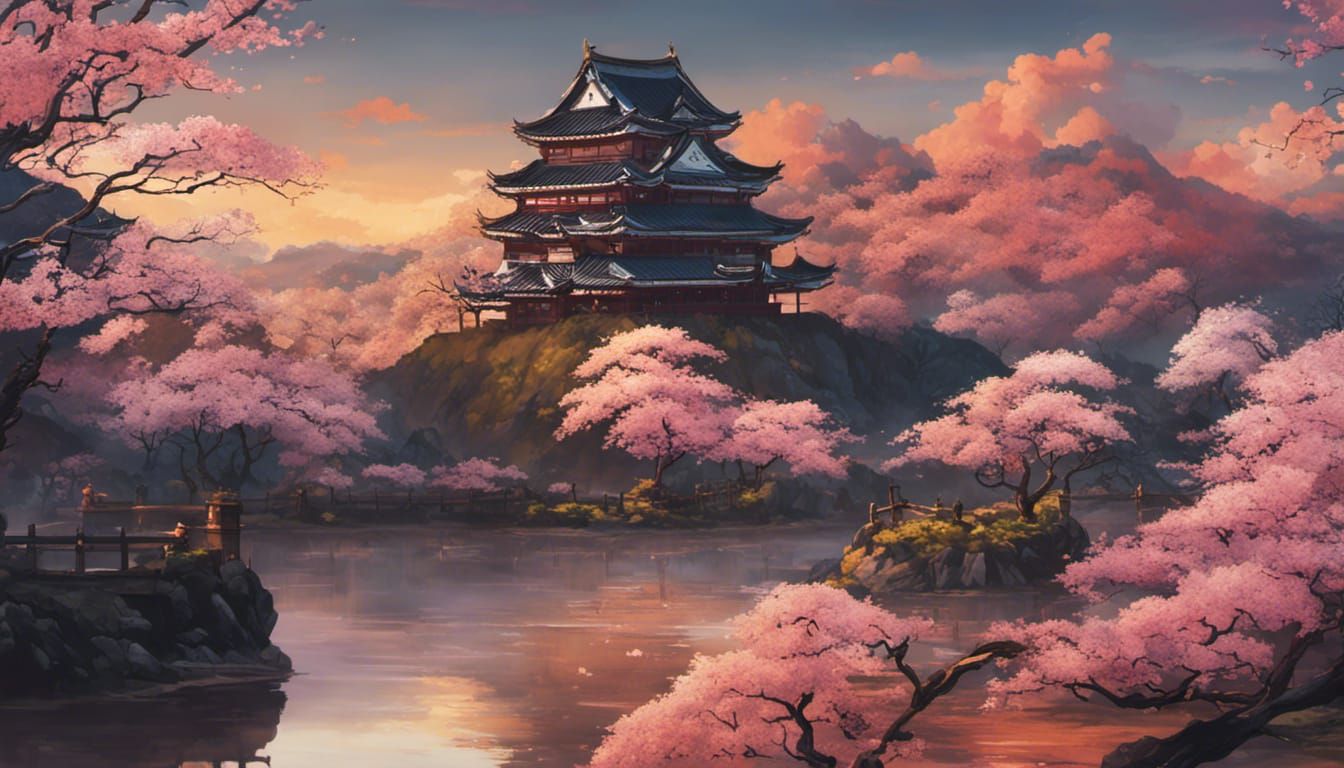 Golden Hour Cherry Blossom Landscape in Anime Style