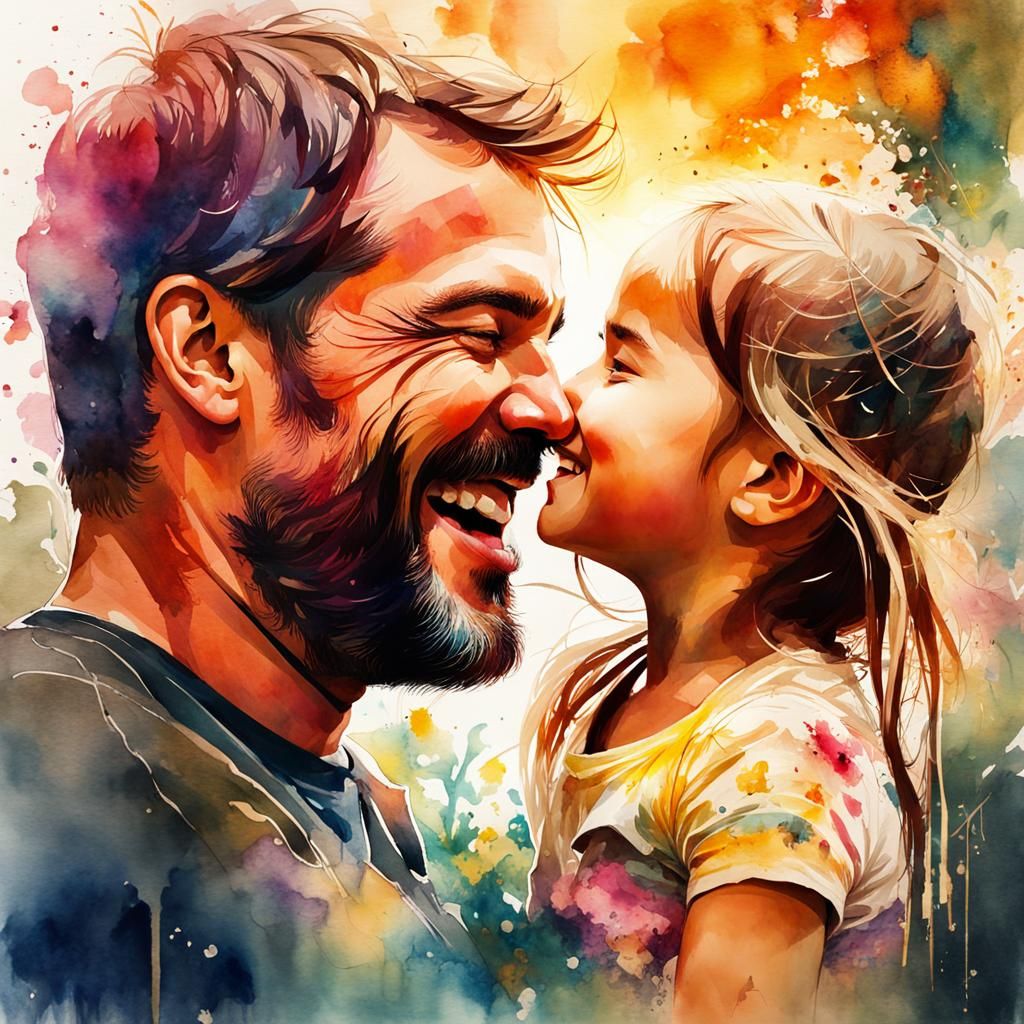 Watercolor Double Exposure: Father and Daughter in Summer