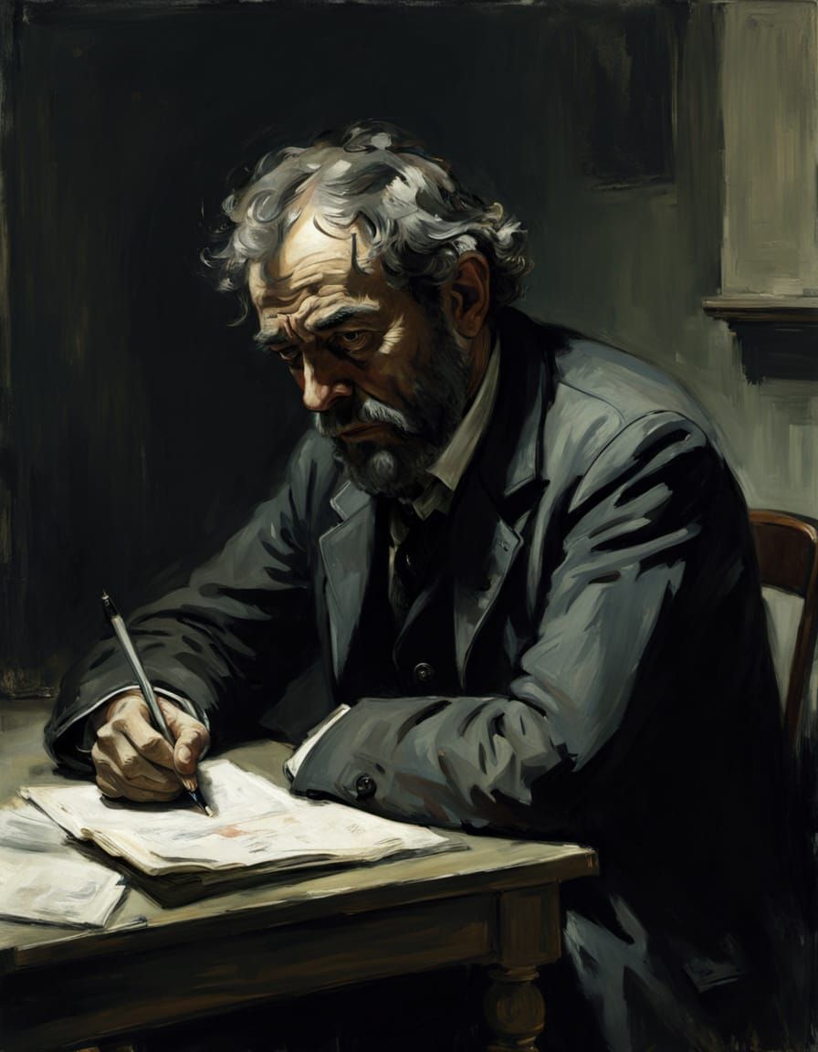 Oil Painting of Tormented Man Writing Notes