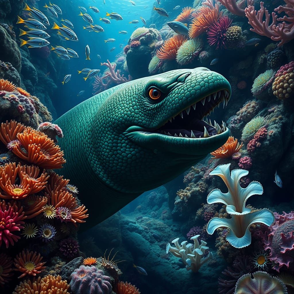 Menacing Green Moray Eel in Vibrant Coral Reef