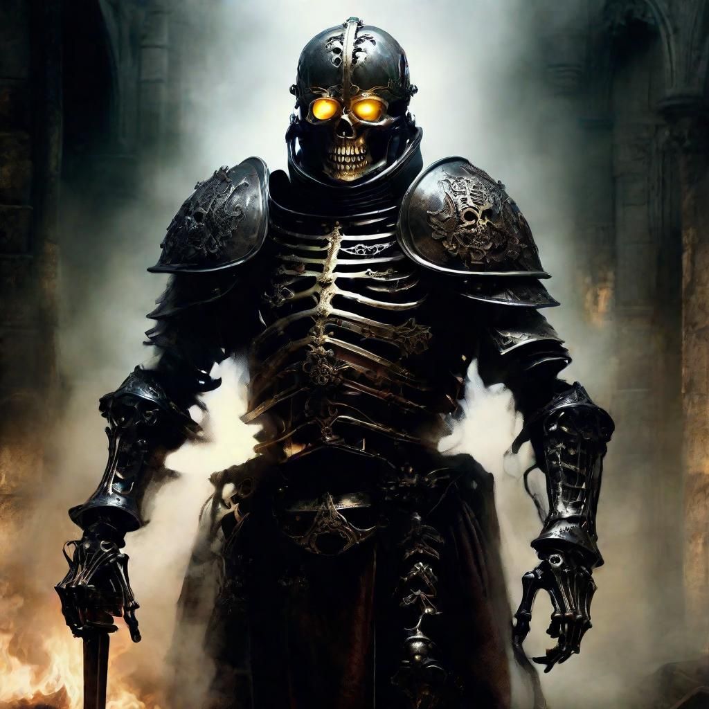 Eerie Skeleton Knight in Chiaroscuro Bonepunk Style