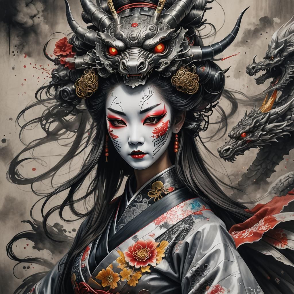 Robotic Geisha with Oni Mask in Hyperrealistic Charcoal