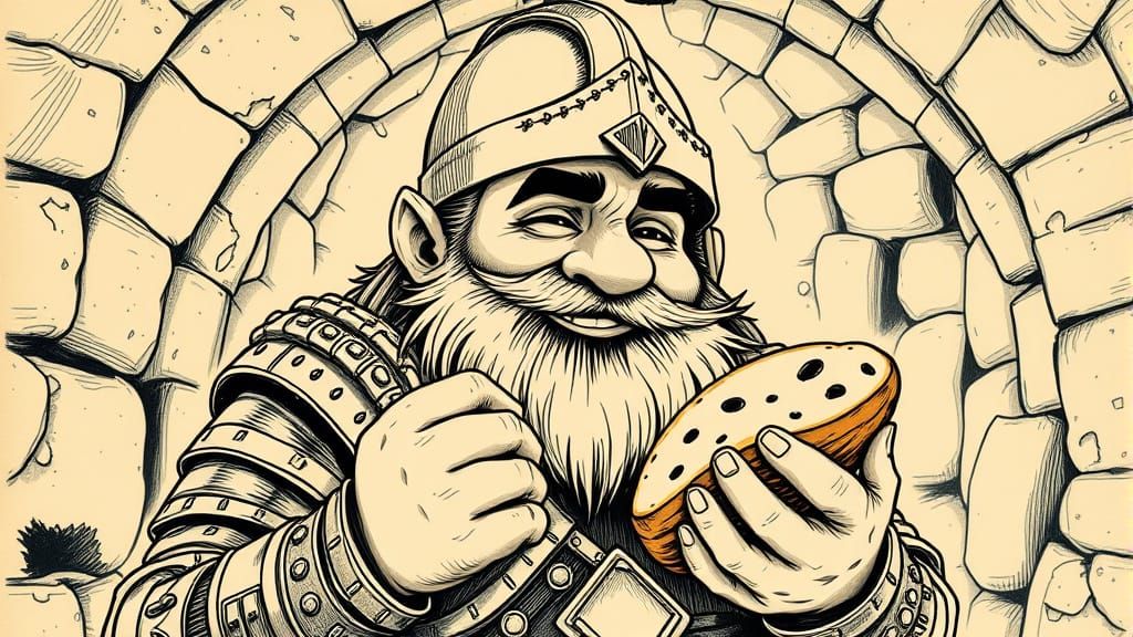 A Plump Dwarf Warrior Savoring Bread in a Medieval Fantasy D...