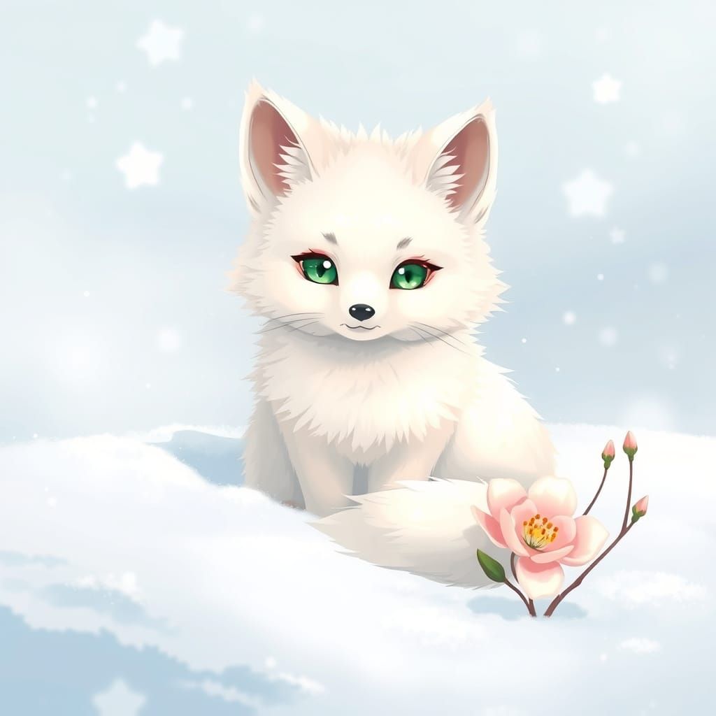 Snowy Fox Surrounded by Spring Blooms in Anime-Inspired Wint...