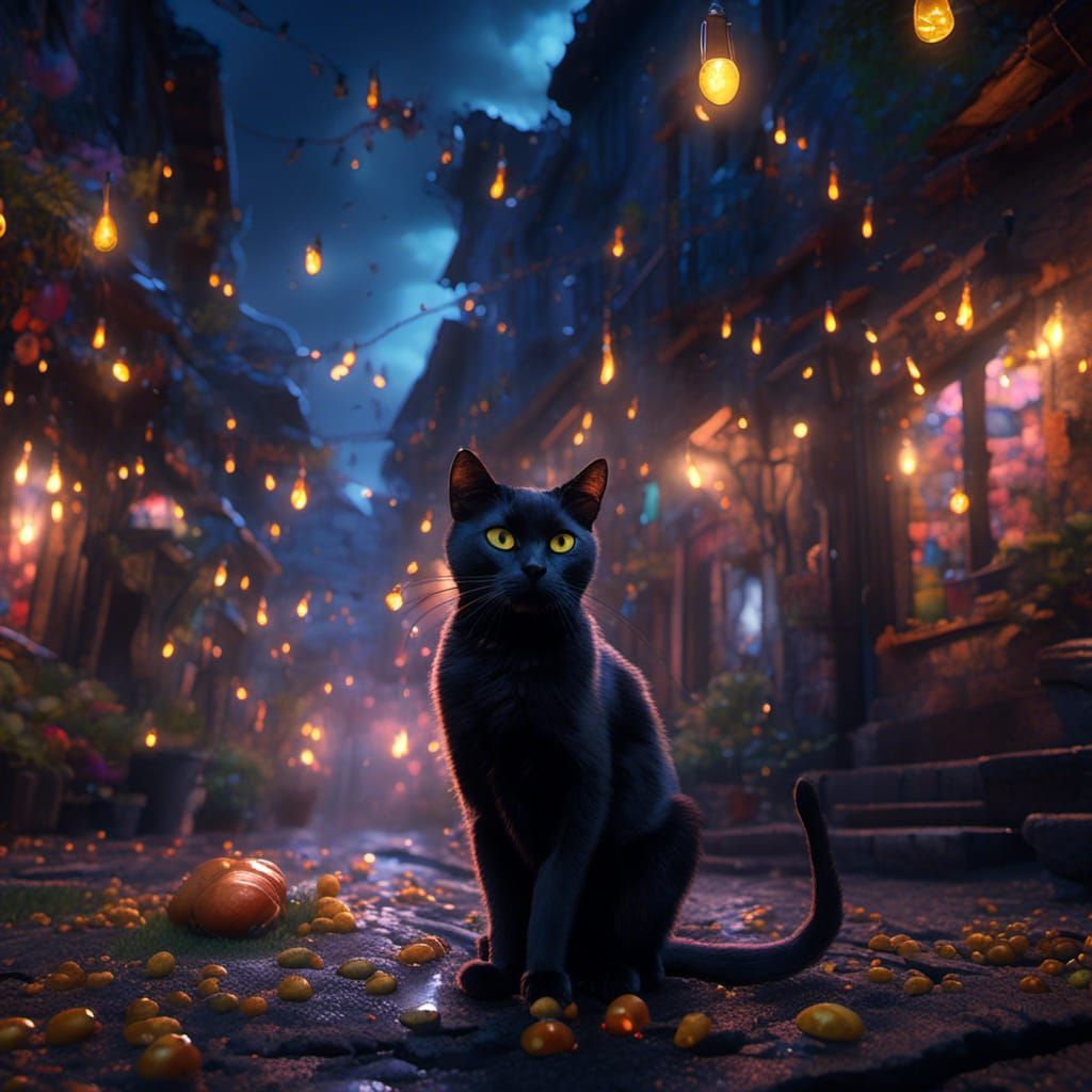 Black Cat in Magical Alley with Fireflies