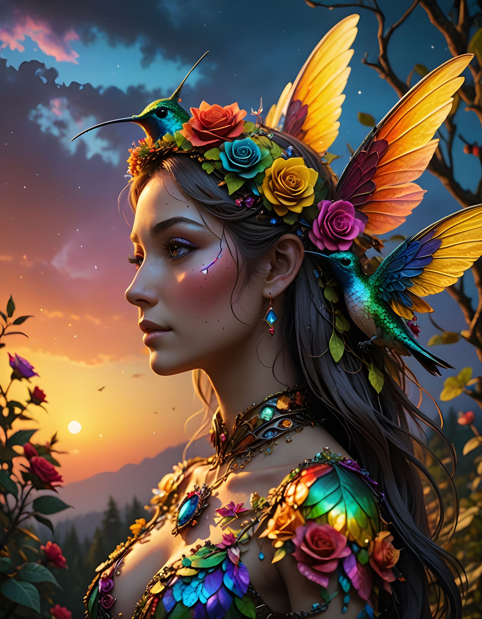Fairy Elf Hummingbird Queen in Magical Forest